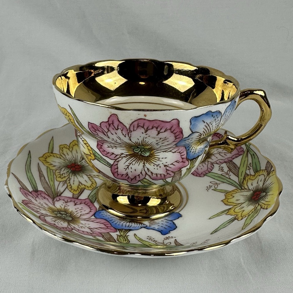 Rosina Bone China Teacup Saucer Set Gold Gilt Floral Cottagecore Grandmillennial